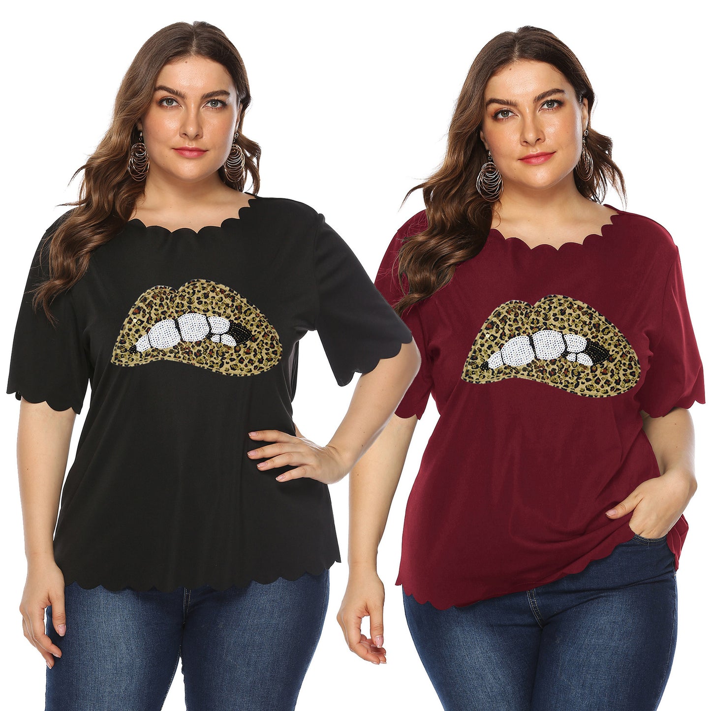 Leopard print lips wavy short sleeve T-shirt