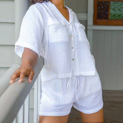 Short Sleeve Shorts Pajamas Crepe Cotton Breathable White Simple Comfortable Ladies Home Leisure Suit