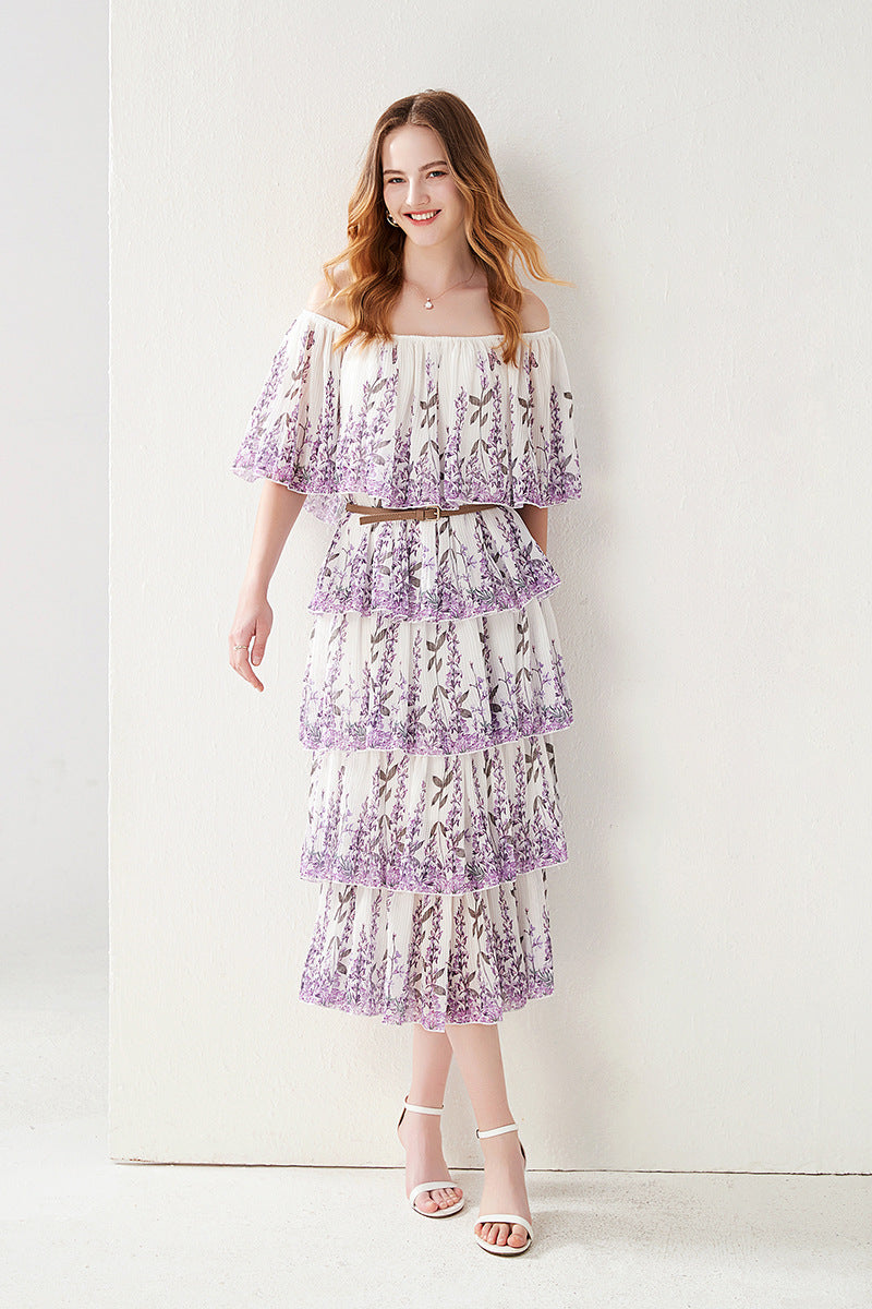 Off-shoulder Floral Dress Women's Summer Western Style Slimming Temperament