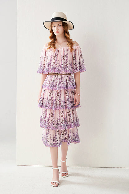 Off-shoulder Floral Dress Women's Summer Western Style Slimming Temperament