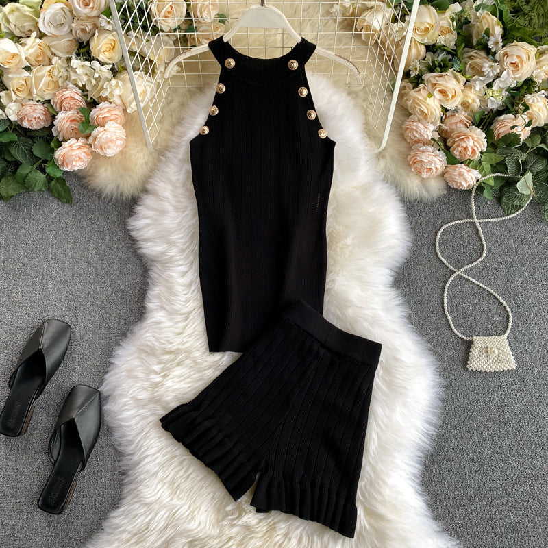 Short Waist Trousers Camisole Vest Off-the-shoulder Sling All-match High-knit Suit