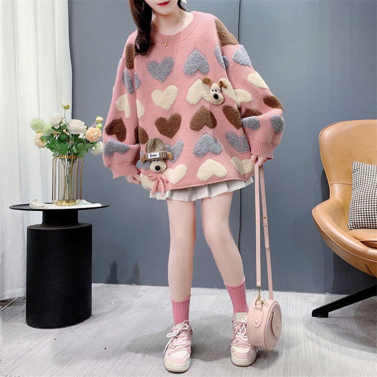 Gentle Younger Sweet Tridimensional Puppy Round Neck Sweater Women's Autumn And Winter 2024 New Loose Heart Knitted Top