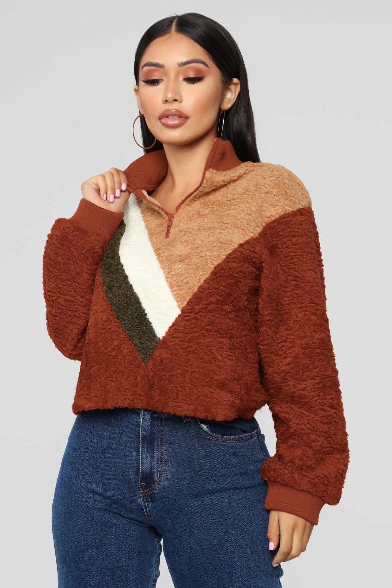 Teddy cashmere stitching zipper sweater