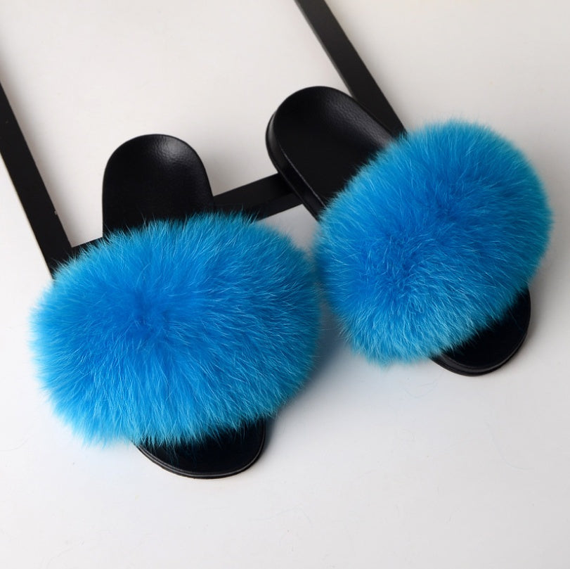 Real hair fox fur slippers female summer word drag fur plush shoes outside wearing sandals slip flat bottom