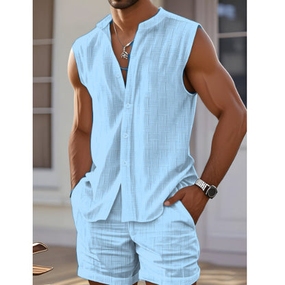 Men's Casual Stand Collar Cardigan Vest Cotton And Linen Style Suit