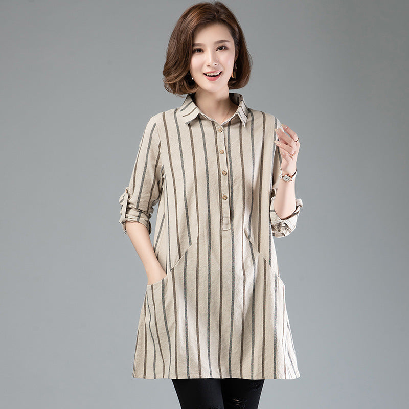 Striped Lapel Mid-Length Long-Sleeved Shirt Women