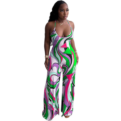 Sleeveless Casual Print Halter Strap Backless Fitted Jumpsuit