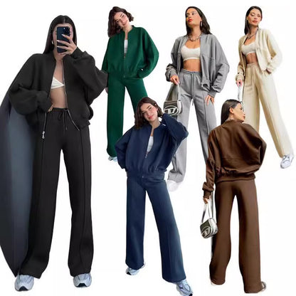 European And American Solid Color Zipper Cardigan Sweater Fashion Casual Set