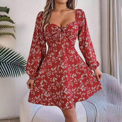 Casual Lace Up Square Collar Floral Print Long Sleeve A- Line Dress
