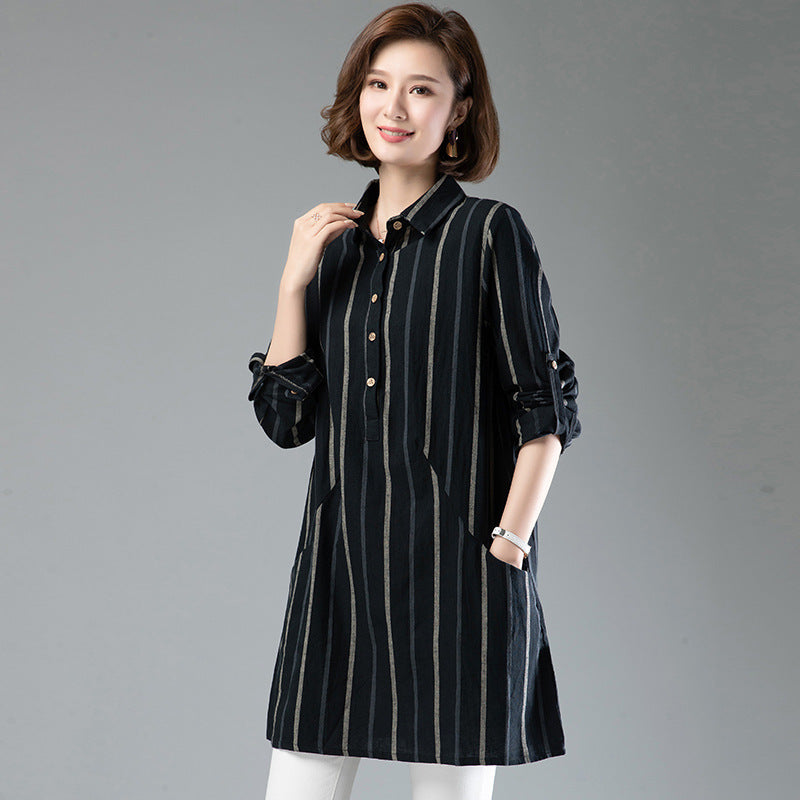 Striped Lapel Mid-Length Long-Sleeved Shirt Women