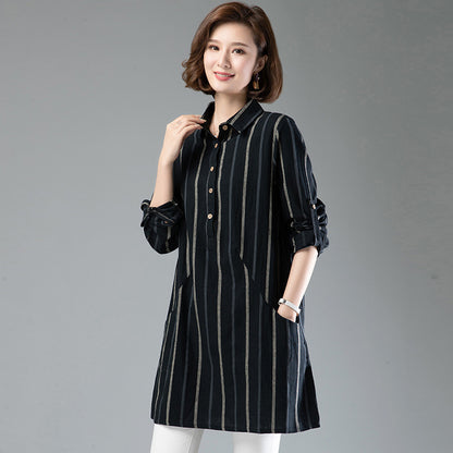 Striped Lapel Mid-Length Long-Sleeved Shirt Women