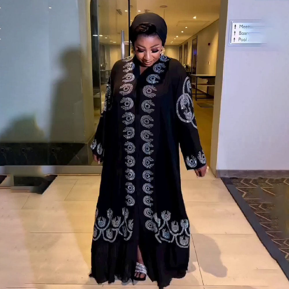 Women's Fashion V-neck Front And Rear Rhinestone Bell Sleeve Robe