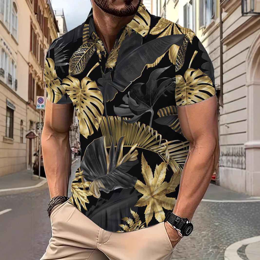 Men's Printed Gold Tropical Plant Pattern Short Sleeve Fashion Printed Shirt