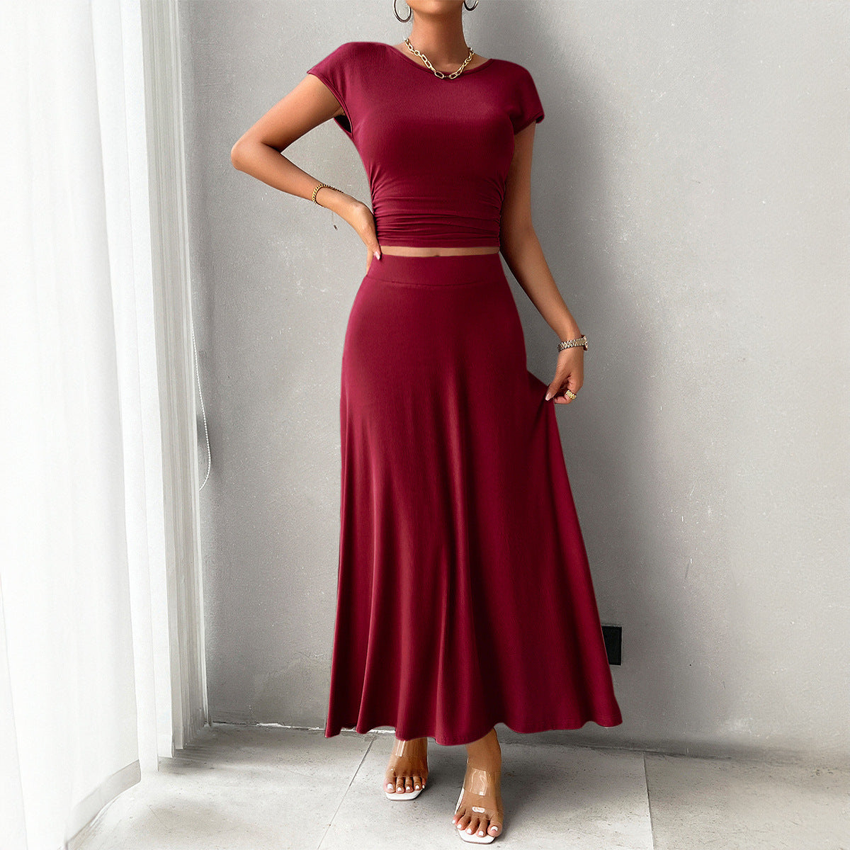 Women's Short Sleeve Temperament Pure Color Skirt Suit