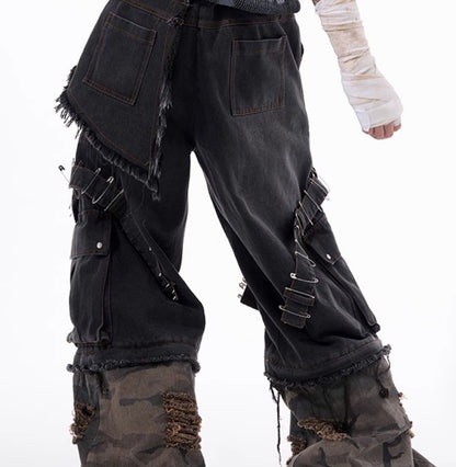 Men's Camouflage Splicing Structure Pin And Ribbon Jeans