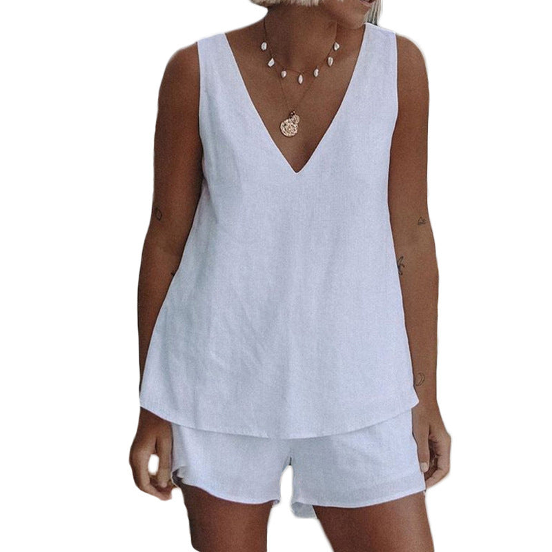 Solid Color Simple Casual Elastic Waist Shorts Two-piece Set