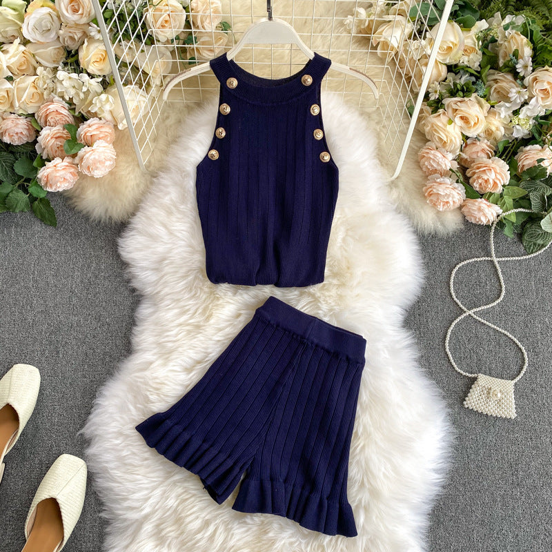 Short Waist Trousers Camisole Vest Off-the-shoulder Sling All-match High-knit Suit