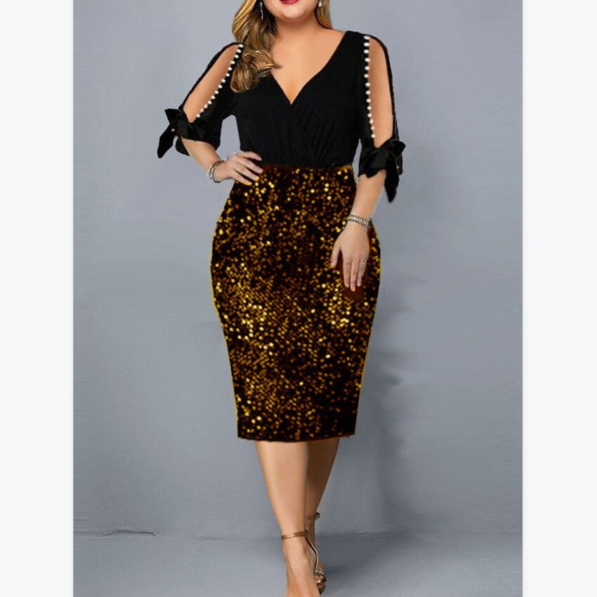 New V-neck Personality Sequins Plus Size Women's Dress