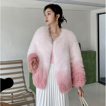 Fashionable Women's Gradient Color Fur Warm Jacket