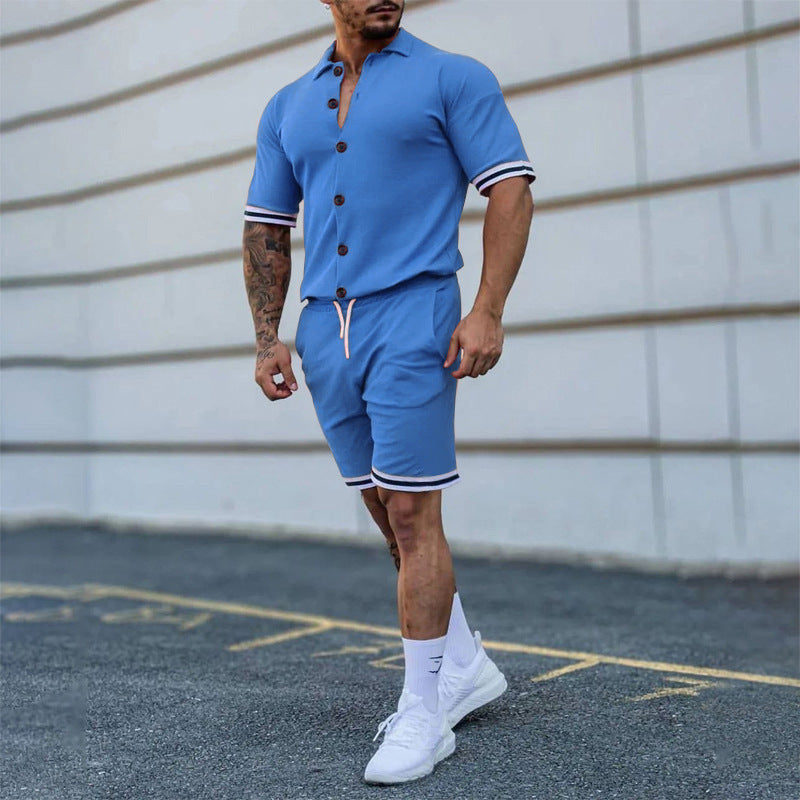 Men's Exercise New Solid Color Lapel Button Short-sleeved Shirt And Shorts Suit