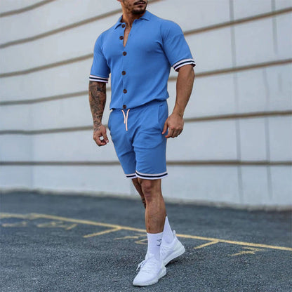 Men's Exercise New Solid Color Lapel Button Short-sleeved Shirt And Shorts Suit