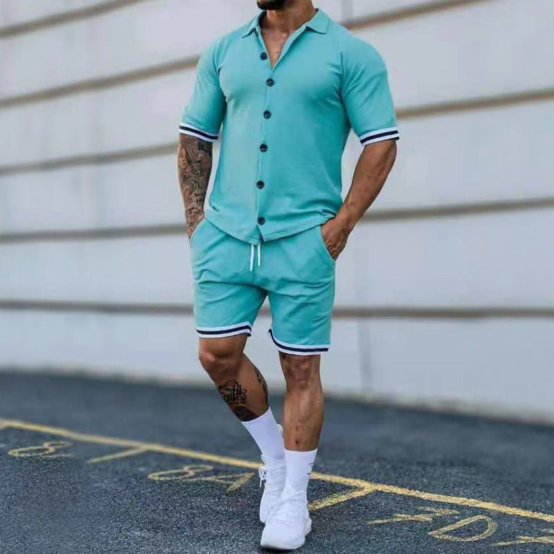 Men's Exercise New Solid Color Lapel Button Short-sleeved Shirt And Shorts Suit