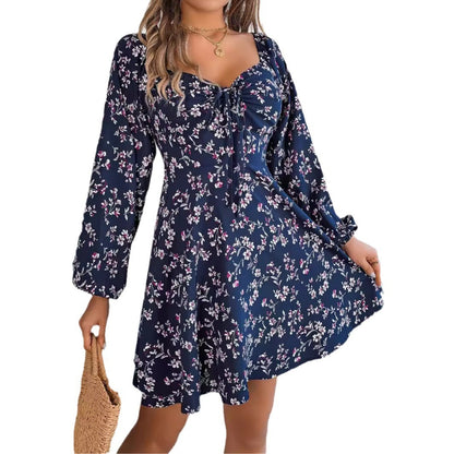 Casual Lace Up Square Collar Floral Print Long Sleeve A- Line Dress