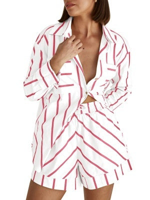 Summer Loose Striped Cardigan Shorts Suit