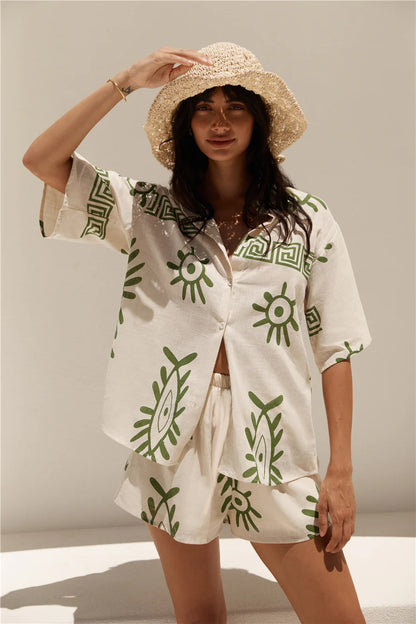 Fashion Women's Printed Loose Shirt Shorts Suit