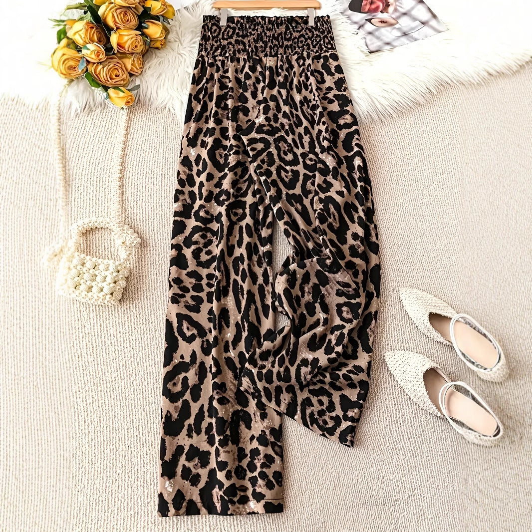Leopard Print Floral Print Casual Jumpsuit Elastic Waist Loose Wide Leg Pants