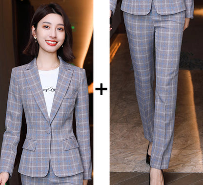 Professional Women's Long-sleeved Plaid Business Suit