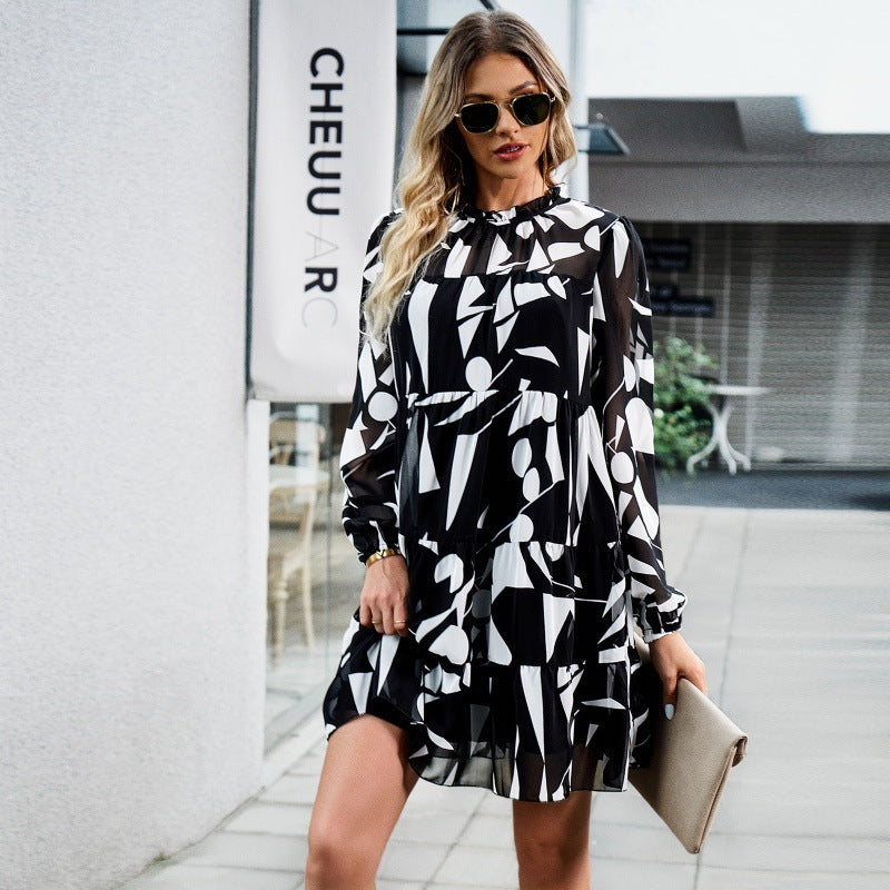 Puff Sleeve Elegant Long Sleeve Printed Dress