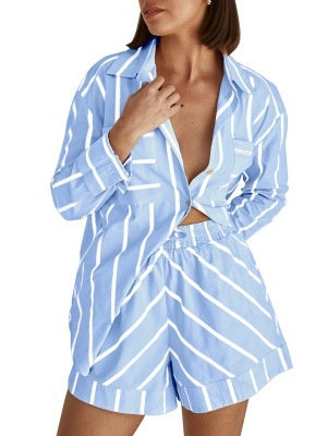 Summer Loose Striped Cardigan Shorts Suit