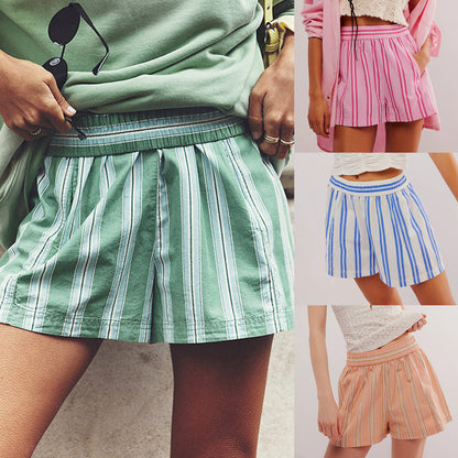 Striped Casual Elastic Pocket Beach Shorts For Women