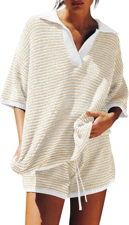 Loose Knitted Top High Waist Knit Shorts Suit