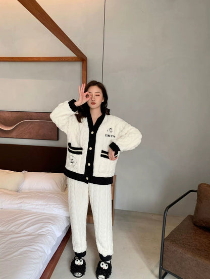 Simple Chanel Style Ladies' Homewear Thickened Coral Velvet Pajamas Suit