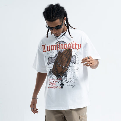 Vintage Cross Letter Printed Loose Short Sleeve T-shirt Men