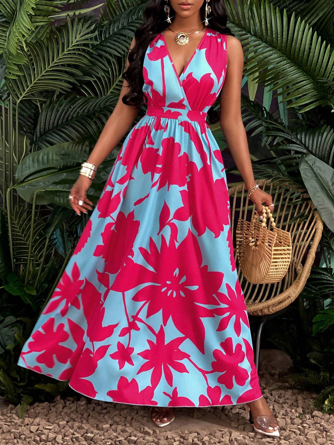 Print Deep V Neckline Cinched Waist Fit And Flare Dress Maxi Women Outfit
