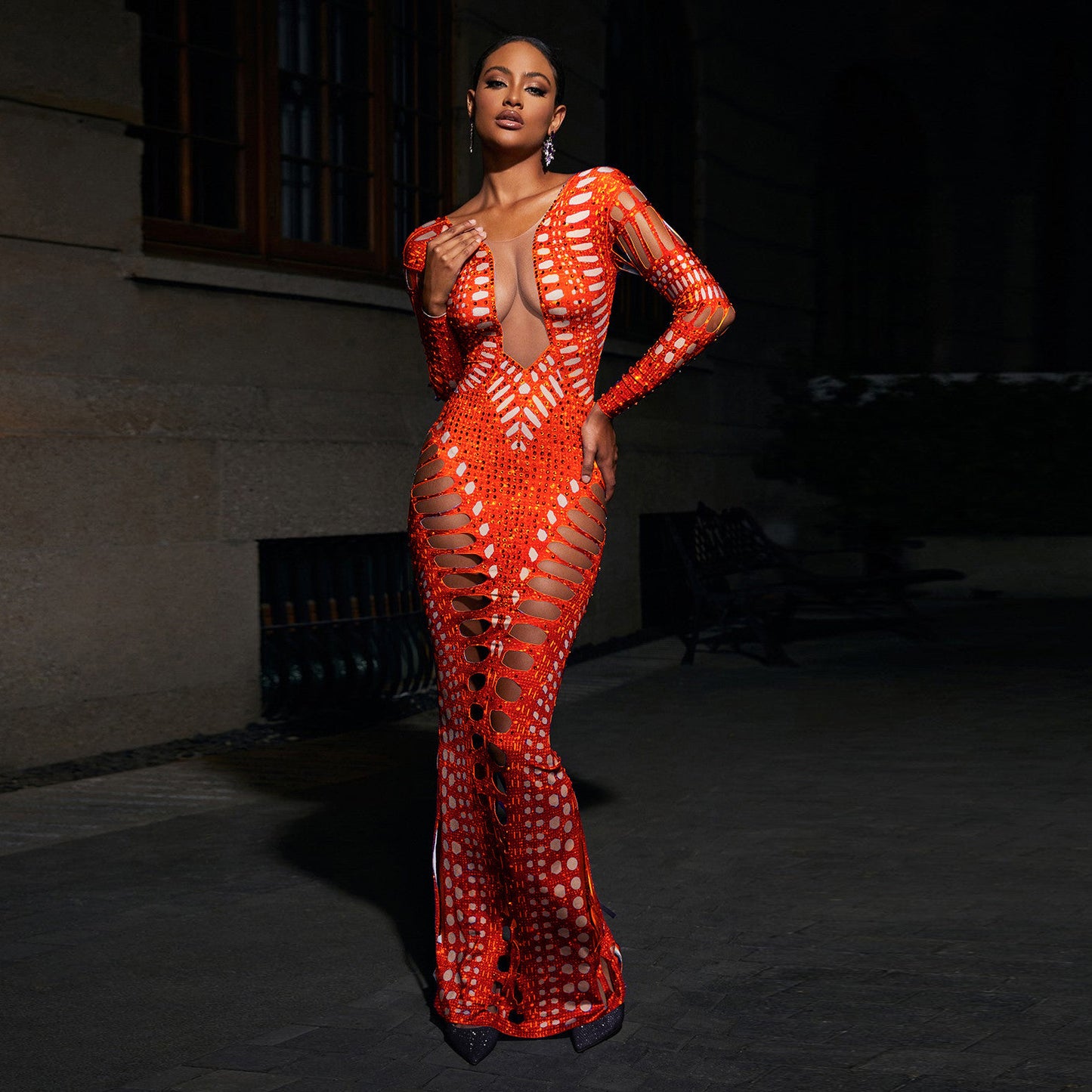 Hole Skinny Sheath Dress Rhinestone Printed Long Skirt