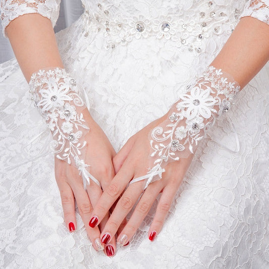 Lace Short Diamond Decorations White Hook Gloves