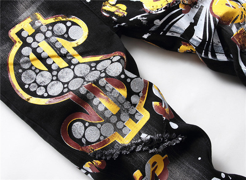 Slim Nightclub Trendy Personality Pattern Denim Trousers