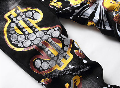 Slim Nightclub Trendy Personality Pattern Denim Trousers