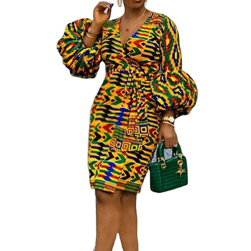 Women's Large Size Bubble Long Sleeve Belted Dress