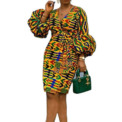 Women's Large Size Bubble Long Sleeve Belted Dress