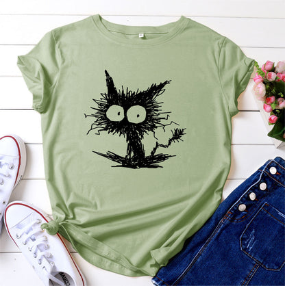 Spot Amazon Ebay European And American Fashion Cross-border Hot Sale Cat Printing Casual Cotton Short Sleeve T-shirt Women's Clothing
