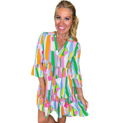 Pullover V-neck Short Sleeve Dress Women