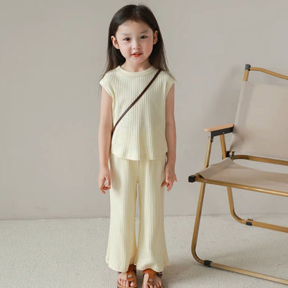 Girls' Ice Silk Loose-fitting Sleeveless Shirt Top And Trousers Two-piece Set