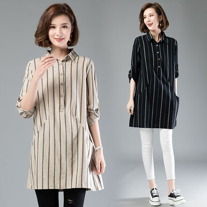 Striped Lapel Mid-Length Long-Sleeved Shirt Women