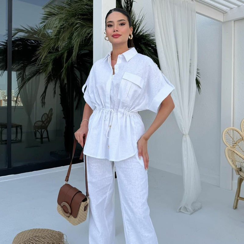 European And American Style Fashion Casual Set Women's Overalls Style Drawstring Pocket Two-piece Women's Clothing