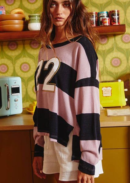 Stripe Color Block Number 22 Print Game Day Loose Long Sleeve Top
